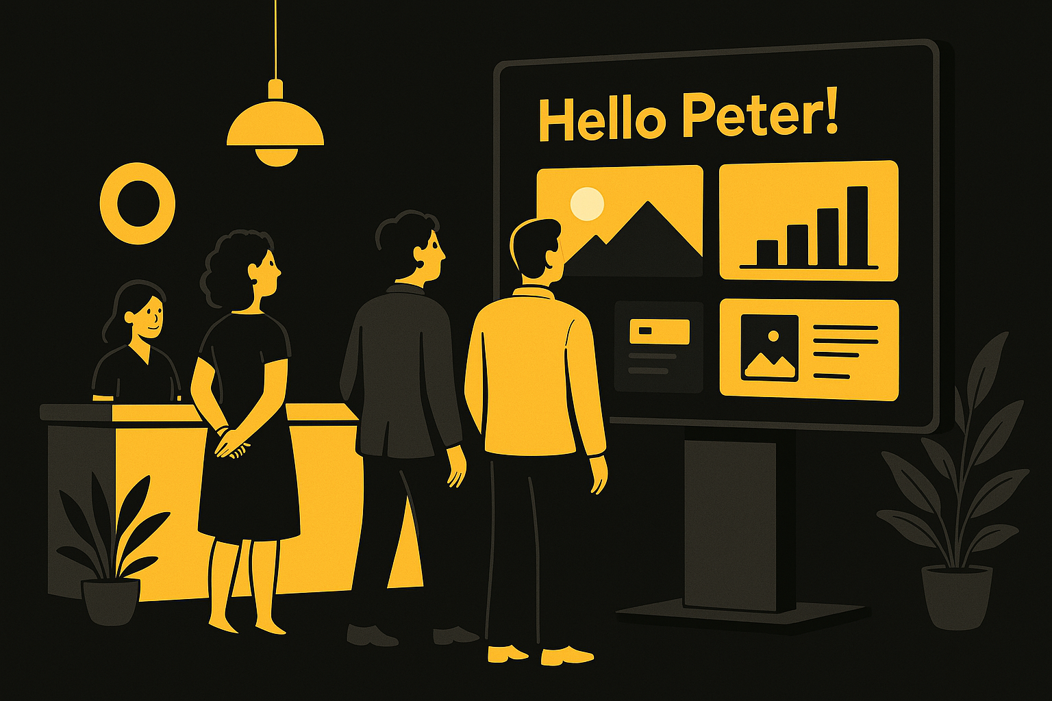 Digitaal infomatiescherm met foto's, video's, informatie, bedrijfslogo en persoonlijke welkomstmeldingen